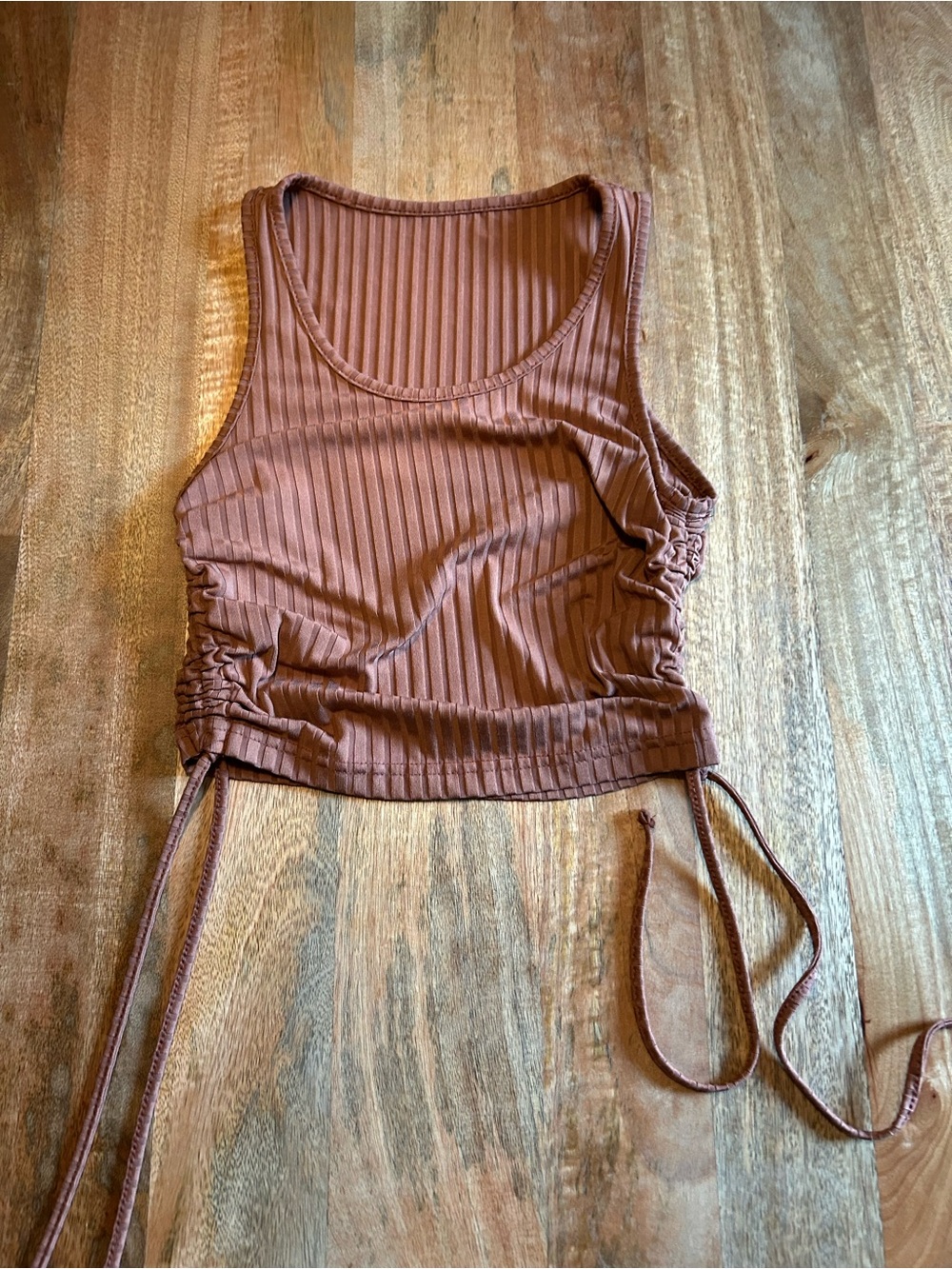 Ribbed Drawstring Crop Tank Top - Brown